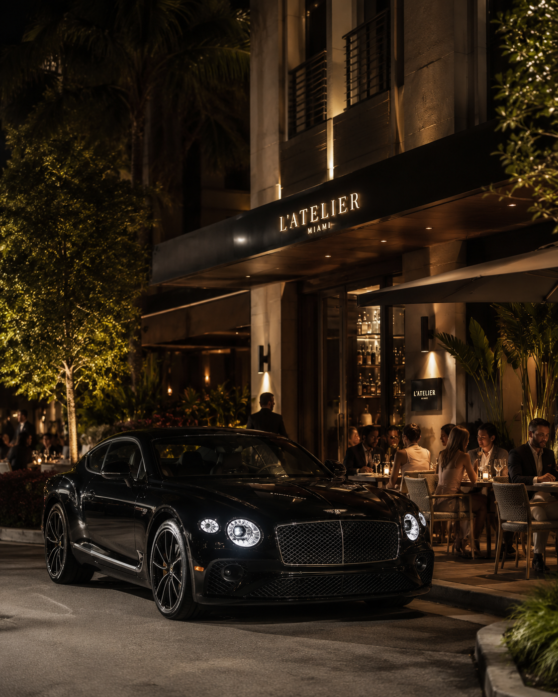 Ferrari outside a luxury Miami restaurant
