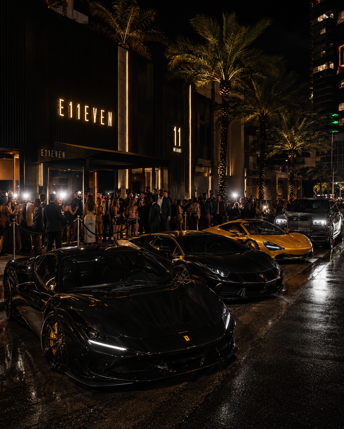 Luxury vehicle staged at a Miami rooftop venue at night